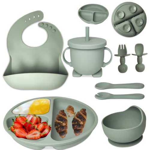 mutualproducts Baby Feeding Set 8 Piece Baby Led Weaning Utensils Set Includes Suction Bowl and Plate Baby Spoon and Fork Sippy Cup with Straw and Lid Baby Feeding Supplies Set Army Green 0 belly baby and beyond