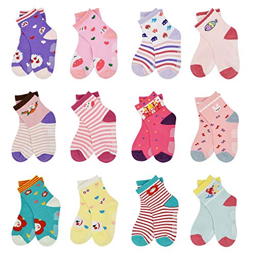 12 Pairs Kids Non Slip Skid Socks Grips Sticky Slippery Cotton Crew Socks For 1 33 55 7 Years Old Children Youth Boy Girl 0 belly baby and beyond