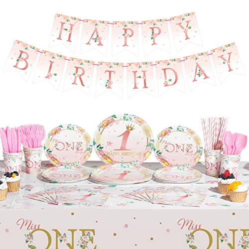 194 Pieces Girl 1st Birthday Supplies Set Miss Onederful Party Decoration Pink and Gold Floral Happy Birthday Banner Tablecloth Plates for Baby Shower Kids First Birthday Party Set Serves 24 0 belly baby and beyond