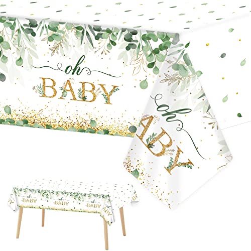 3 Pieces Sage Greenery Oh Baby Tablecloths for Baby Shower Party Decorations Plastic Disposable Gold Foil Eucalyptus Leaf Table Covers for Rectangle Tables Sage Boho Woodland Neutral Party Supplies 0 belly baby and beyond
