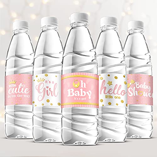 39 Pieces Baby Shower Water Bottle Labels Stickers Wrappers Waterproof Labels for Baby Shower Party Decoration Pink Girl Style 0 belly baby and beyond