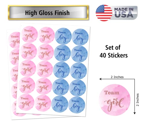 40 Team Girl Team Boy Gender Reveal Stickers 2 Inch Big Round Glossy Labels Pink and Blue Stickers Great for Gender Reveal Party Favors Tags Games and Supplies Made in USA 0 1 belly baby and beyond
