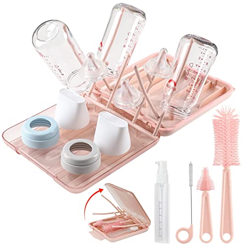6 in 1 Baby Bottle Cleaner Set with Drying RackSilicone Baby Bottle BrushStraw BrushNipple BrushSoap Dispenser and Storage Box Portable Baby Essentials for HomeTravelPink 0 belly baby and beyond