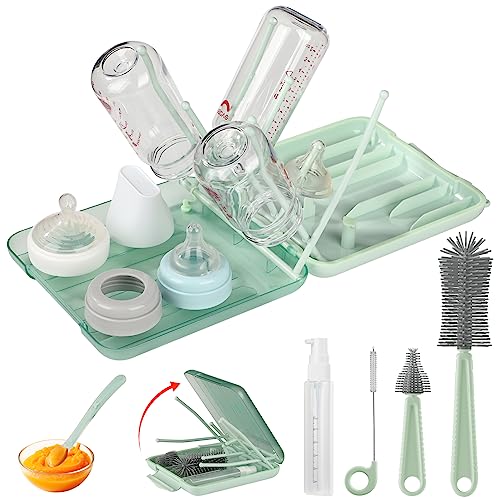 7 in 1 Bottle Brush Set Travel Brush Cleaner Kit with Extendable Silicone Bottle BrushDrying RackNipple BrushStraw BrushSoap Dispenser Storage BoxBaby Travel Essential for Moms Green 0 belly baby and beyond