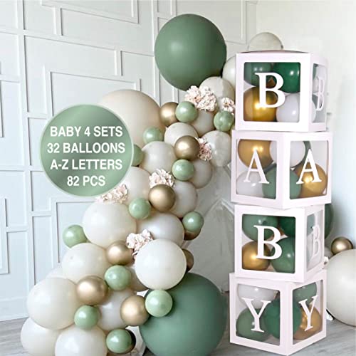 82 PCS Baby Shower Decorations for Boy Girl Kit Transparent Baby Block Balloon Box Includes BABY Alphabet Letters White Sage Green Gold Balloons Gender Reveal Decor Birthday Party Backdrop 0 belly baby and beyond