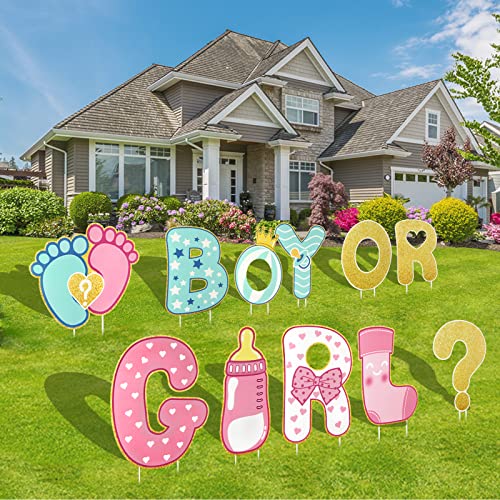 AerWo 11 Pieces Gender Reveal Decorations Baby Shower Yard Signs with StakesBaby Gender Reveal Ideas Yard Letters Lawn Signs Boy or Girl Gender Reveal Party Supplies 0 belly baby and beyond