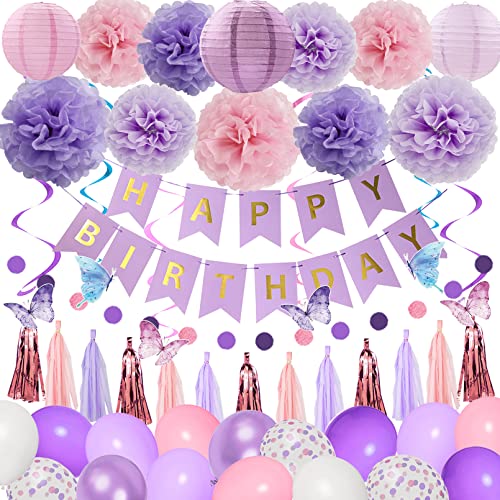 Amandir Purple Birthday Decorations for Women Girl Butterfly Birthday Party Decorations Supplies Pink and Purple Balloons Happy Birthday Circle Dots Banner Butterfly Hanging Swirl Paper Lanterns Pom 0 belly baby and beyond