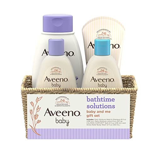 Aveeno Baby Mommy Me Daily Bathtime Gift Set Including Baby Wash Shampoo Calming Baby Bath Wash Baby Moisturizing Lotion Stress Relief Body Wash for Mom Soap Free 4 Items 0 belly baby and beyond