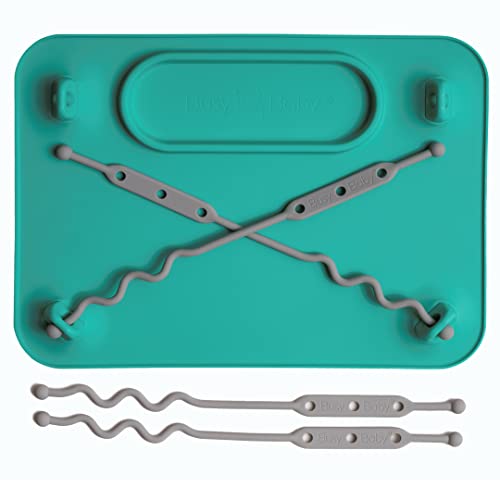BUSY BABY Silicone Placemat Built in Suction Cups 4 Toy Tethers for Babies Toddlers and Kids Food Grade Silicone 85 x 11 in Comes with Travel Sleeve Dishwasher Safe Spearmint 0 belly baby and beyond