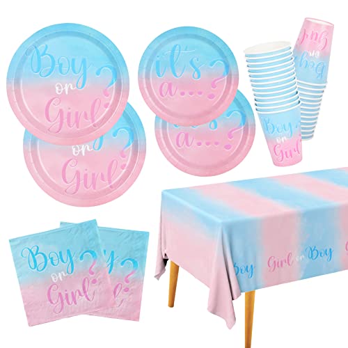 Baby Gender Reveal Party Supplies Boy or Girl Disposable Paper Plates Napkins Cups Tablecloth for Baby Shower Decorations Serve 25 0 belly baby and beyond