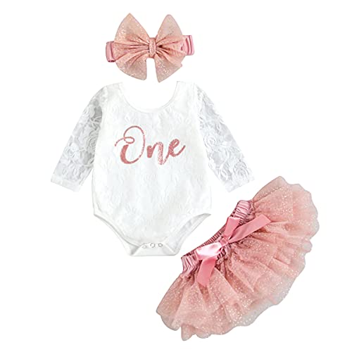 Baby Girls My 1st Birthday Outfits Long Sleeve Floral Lace Romper Tutu Skirt Headband Set 0 belly baby and beyond