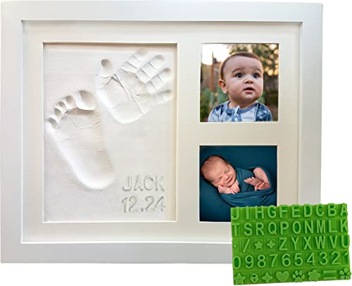 Baby Handprint Footprint Keepsake Photo Frame Kit Personalize it wBonus Stencil Non Toxic Clay WallTable Wood Picture Frame Perfect Registry Baby Shower New Mom Birthday Newborn Gift 0 belly baby and beyond