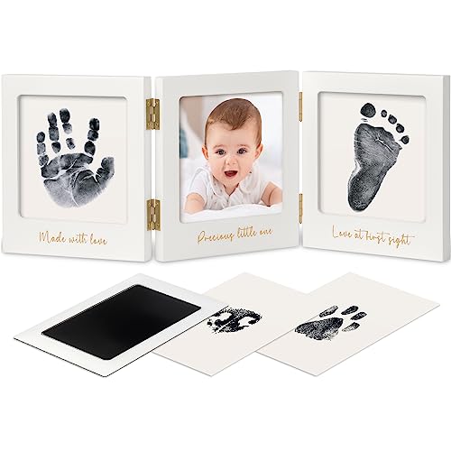 Baby Handprint and Footprint Kit for Newborn Boys Girls Inkless Hand and Footprint Maker Baby Picture Keepsake Frame New Mom Baby Shower Gifts Dog Paw Print Kit Baby Registry WhiteGold 0 belly baby and beyond