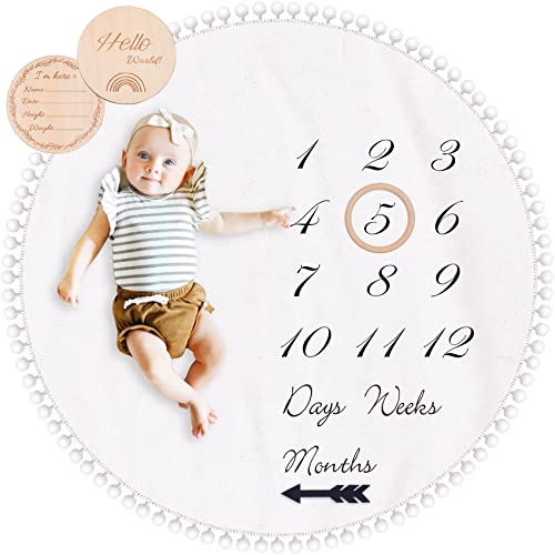 Baby Milestone Monthly Blanket with Double Sided Milestone Cards and Circle Ring Play Mat Large433 X433 Double Sided Pom Pom Ball Thick Flannel Round Rug for Boy Girl Baby Photography Props 0 belly baby and beyond