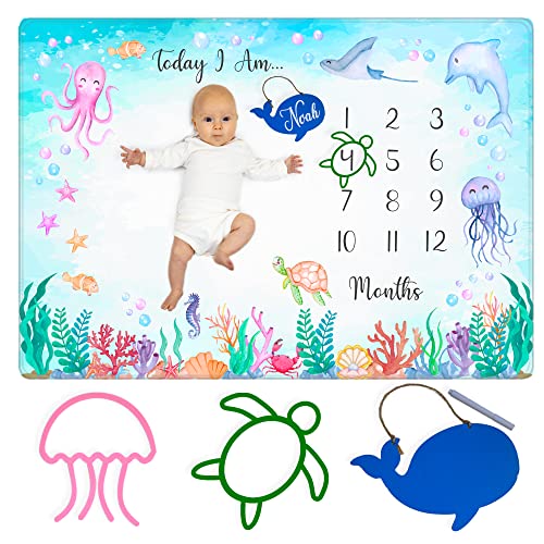 Baby Monthly Milestone Blanket Boy and Girl Extra Soft Fleece Blanket for Baby Shower Milestone Blanket Baby Boy and Girl Nursery Decor Capture Baby Growth with Whale Chalkboard 2 Frames 0 belly baby and beyond