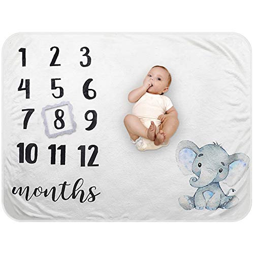 Baby Monthly Milestone Blanket Organic Plush Fleece Photography Background Prop for Boy Girl Newborn Soft Elephant Blanket with Frame Large 47x40 0 belly baby and beyond