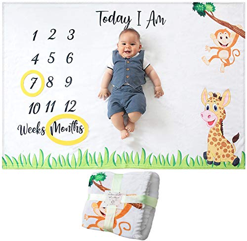 Baby Monthly Milestone Blanket for Newborn Boy or Girl Unisex Month Blanket Baby for Pictures Jungle Safari Giraffe Monkey Theme Personalized Shower Gifts New Moms Track Age Growth 0 belly baby and beyond