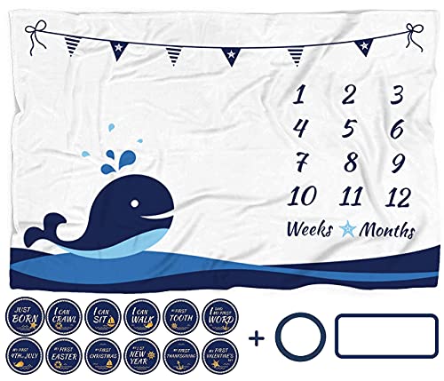Baby Monthly Milestone Blanket with 12 Stickers Large 60x40 Infant Month Blankets Boy Newborn Photography Background Mat Photo Prop Nautical Whale Nursery Shower Gift Growth Chart Tracker 0 belly baby and beyond