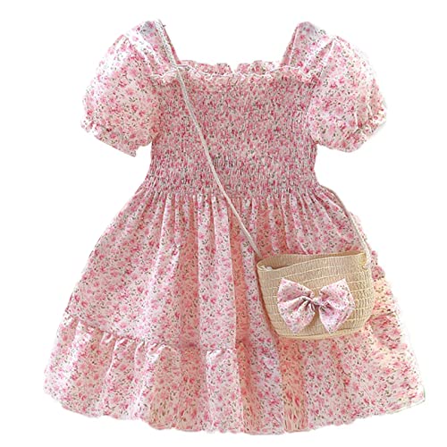 Balatale Toddler Girls Floral Dress Square Neck Puff Sleeve A Line Smocked Dress with Bag Toddler Girls Summer Dress 12M 7T 0 belly baby and beyond