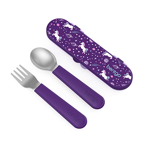 Bentgo Kids Stainless Steel Utensil Set Reusable Fork Spoon Storage Case High Grade BPA Free Stainless Steel Easy Grip Handles Dishwasher Safe for School Lunch Travel Outdoors Unicorn 0 belly baby and beyond