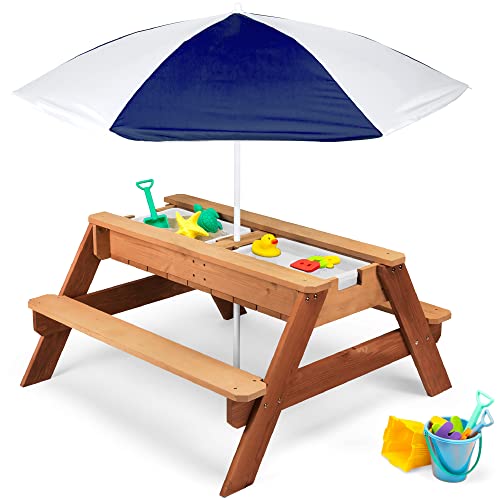 Best Choice Products Kids 3 in 1 Sand Water Activity Table Wood Outdoor Convertible Picnic Table wUmbrella 2 Play Boxes Removable Top Navy 0 belly baby and beyond