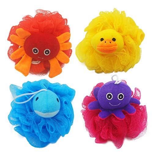 Bleu Bath 4 Pack Lovely Animal Design Kids Exfoliating Bath Scrubber Body Scrubber Shower Ball for Baby Toddler Kids Gentle Exfoliating Bath Sponge Loofah Pouf in Colorful Design 0 belly baby and beyond