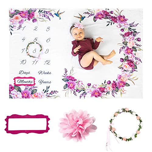 Bliss n Baby Monthly Milestone Blanket for Baby Girl 60x40 Wrinkle Free Baby Age Month Blanket with Growth Chart Washable Dryable wWreath Headband Floral Theme 0 belly baby and beyond