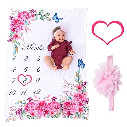 Bliss n Baby Monthly Milestone Blanket for Baby Girl Perfect Baby Age Blanket with Growth Chart Blanket New Moms Set Wrinkle Free Washable Dryable Red Heart Wreath Pink Headband 54x40 0 belly baby and beyond