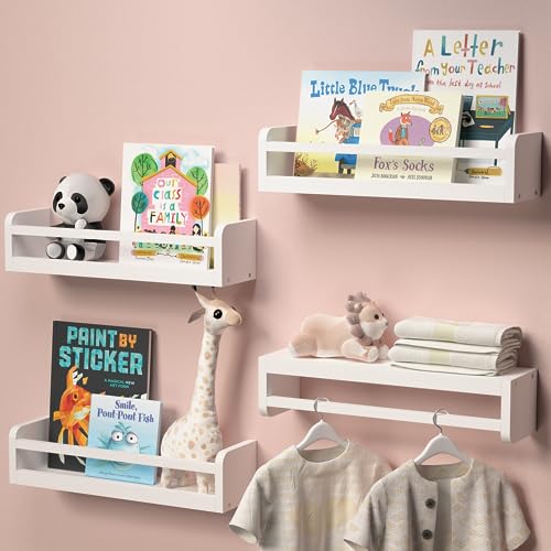 Boswillon Dual Guard Nursery Book Shelves Set of 4 Wood Floating Shelves for Nursery Room Wall Decor Wall Mount Kids Bookshelf for Baby Bedroom Storage Toddler Toy Hanging Wall Organizer White 0 belly baby and beyond
