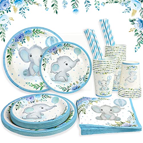 Boy Elephant Baby Shower Plates Set Decorations for 25 GuestsPaper Plate Napkins Cups and Straws Disposable Tableware Blue Floral Theme Birthday Party Supplies 0 belly baby and beyond