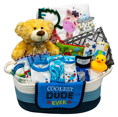 Bundle of Joy Deluxe Baby Boy Gift Set Baby Layette Set with 25 Piece New Baby Essentials Baby Gift Basket for Expecting Moms Blue Nikkis Gift Baskets 0 belly baby and beyond