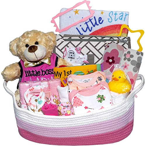 Bundle of Joy Deluxe Baby Girl Gift Set Baby Layette Set with New Baby Essentials Baby Gift Basket for Expecting Moms Pink Nikkis Gift Baskets 0 belly baby and beyond