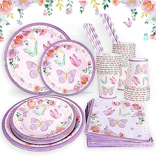 Butterfly Birthday Baby Shower Decorations Party Plates Set for 25 GuestsPurple Girl Plates Napkins Cups and Straws Tableware Party Supplies 0 belly baby and beyond