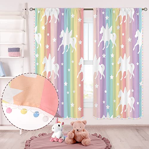 Cinbloo Rainbow Unicorn Curtains 42W x 63L Inch Rod Pocket Baby Girls Bedroom Decor Colorful Pom Pom Kids Nursery Child Mermaid Stripe Stars Printed Playroom Living Room Window Drapes Fabric 2 Panels 0 belly baby and beyond