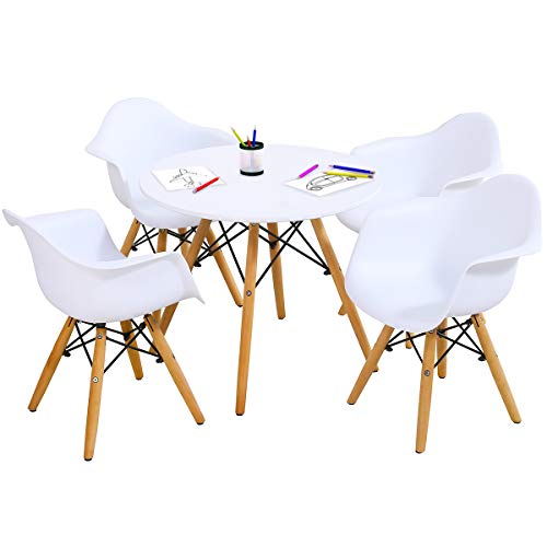 Costzon Kids Table and Chair Set Mid Century Modern Style Table Set Round Table with Armchairs for Toddler Children Kids Dining Table and Chair Set White Table 4 Chairs 0 belly baby and beyond