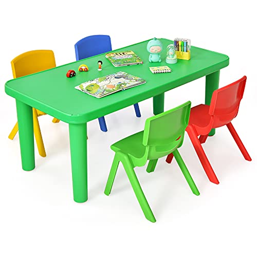 Costzon Kids Table and Chair Set Plastic Learn and Play Activity Set Colorful Stackable Chairs Portable Table for School Home Play Room Table 4 Chairs 0 belly baby and beyond