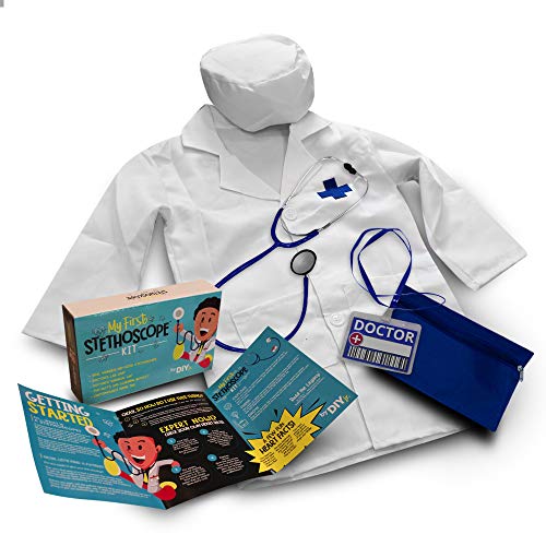 DIY jr My First Stethoscope Doctors Kit Includes Kid Sized Stethoscope Lab Coat Surgical Cap Name Tag Lanyard and Information Booklet 0 belly baby and beyond
