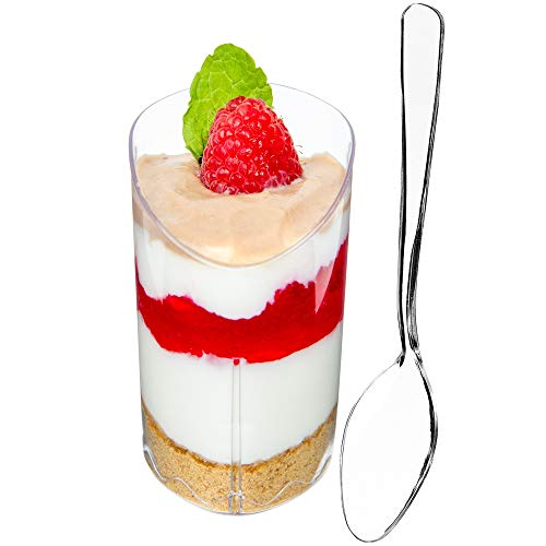DLux 28 x 3 oz Mini Dessert Cups with Spoons Slanted Triangle Clear Plastic Parfait Appetizer Cup Small Reusable Serving Bowl for Tasting Party Desserts Appetizers With Recipe Ebook 0 belly baby and beyond