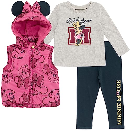 Disney Minnie Mouse Zip Up Vest Puffer Graphic T Shirt and Leggings 3 Piece Outfit Set Infant to Big Kid 0 belly baby and beyond