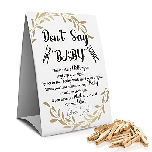 Dont Say Baby Clothespin Games Sign1 Sign 50 Mini Clothespins Baby Shower Games Golden LeafGender Neutral Baby Shower 1D 0 belly baby and beyond