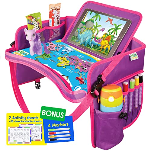 ECOFANTASY Kids Travel Tray Waterproof Carseat Table Top Car Seat Travel Trays for Toddler Travel and Road Trip Essentials Kids Lap Desk with Storage Baby Airplane Travel Accessories Pink 0 belly baby and beyond