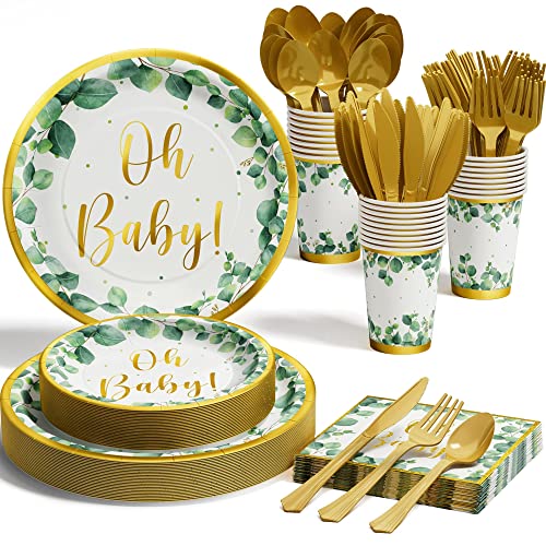 Ecomore Sage Greenery Baby Shower Party Supplies 175 PCS Boho Neutral Disposable Dinnerware Set 25 Guest with OH Baby Paper Plates Napkins Cup Plastic Fork Knives Spoon for Boy Girl Birthday Party 0 belly baby and beyond