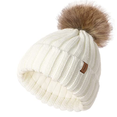 FURTALK Kids Winter Hat Toddler Knitted Pom Beanie Hat Cotton Lined Faux Fur Pom Pom Cap Baby Girls Boys Beanies 0 belly baby and beyond