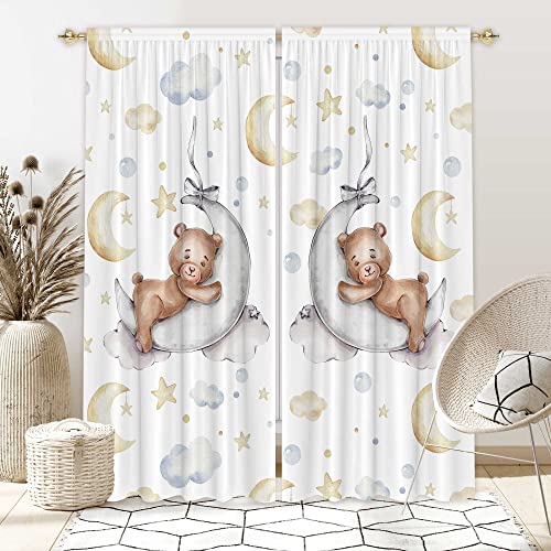 Felortte 82 Wx 84 L Cartoon Teddy Bear Moon and Stars Window Curtains for Baby Room Bedroom Nursery Home Decor Decorations with Fabric Machine Washable 0 belly baby and beyond