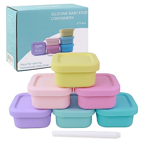 Finorder 6 Pack 100 Silicone Baby Food Storage Containers 35 oz Leak Proof Microwave Freezer Boiled Safe Food Storage Snack Jars FDA Grade Toddler Jars for Food and Condiments Pastel Colored 0 belly baby and beyond