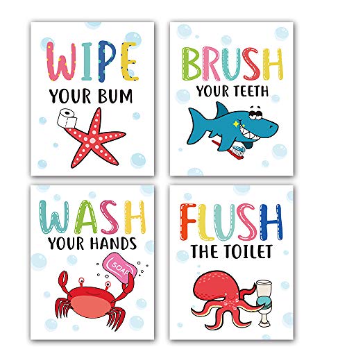 Funny Colorful Cartoon Sea Life Themed Bathroom Inspirational Quotes Art Print Humorous Quotes Painting Toilet Rules Art Picture for Children Washroom Bathroom Decor Set of 4 8X10 No Frame 0 belly baby and beyond