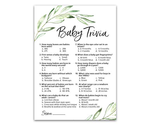 GREENERY Baby Shower Game BABY TRIVIA Games Pack of 25 Fun Baby Facts Games Floral Green Olive Branch Trivia Baby Shower Activity Greenery Rustic Gender Neutral Baby Shower Games G320 TRV 0 belly baby and beyond