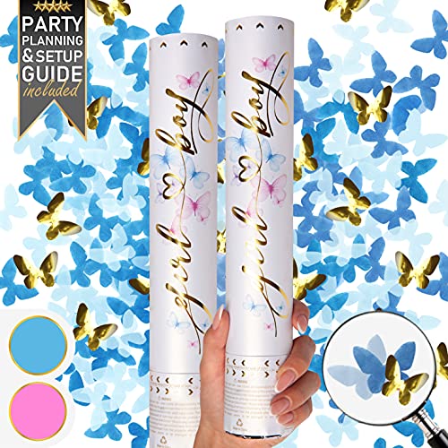 Gender Reveal Confetti Cannon 2 Pack Butterfly Confetti Cannons Gender Reveal Ideas Butterfly Confetti Poppers for Blue Color Reveal Baby Gender Reveal Poppers Confetti Shooters Blue Confetti Gender R 0 belly baby and beyond