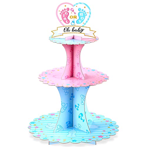 Gender Reveal Party Cupcake Stand Decorations Blue and Pink 3 Tier Baby Shower Cupcake Toppers Tower Cardboard Supplies for Boy Girl Baby Gender Reveal Birthday Party Favors 0 belly baby and beyond