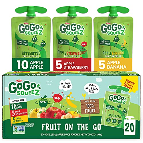 GoGo squeeZ Fruit on the Go Variety Pack Apple Banana Strawberry 32 oz Pack of 20 Unsweetened Snacks for Kids Gluten Free Nut and Dairy Free Recloseable Cap BPA Free Pouches 0 belly baby and beyond